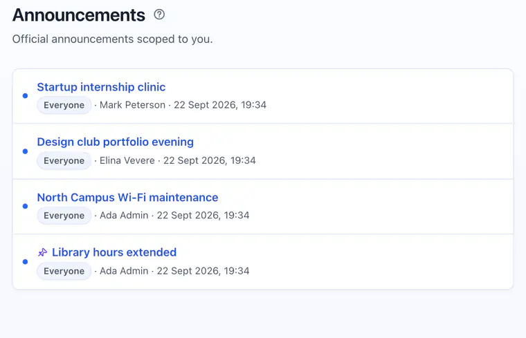 The announcements page with university and course notices