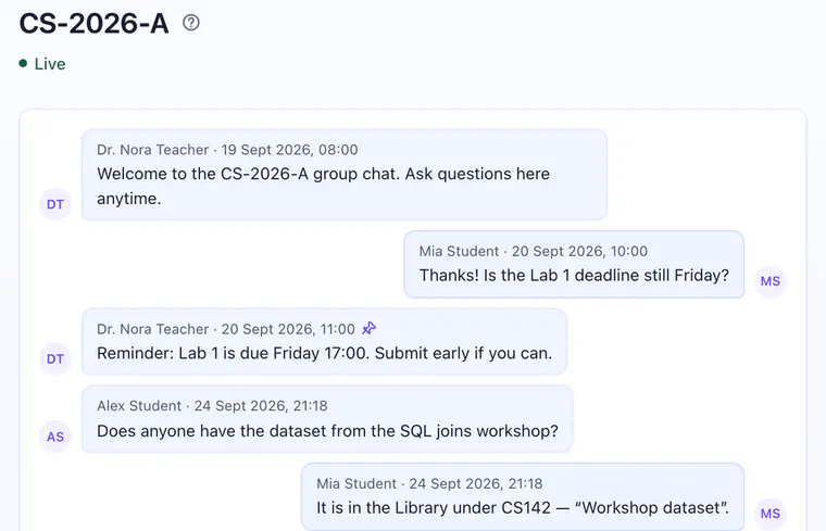 A group chat for an academic group, with messages from a teacher and a student