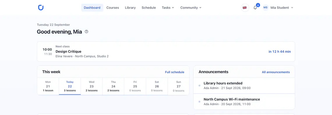 The ComUni student dashboard with the next class, the week ahead and the latest announcements