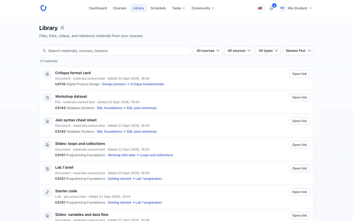 The course material library, with search, course and type filters and the lesson each file belongs to
