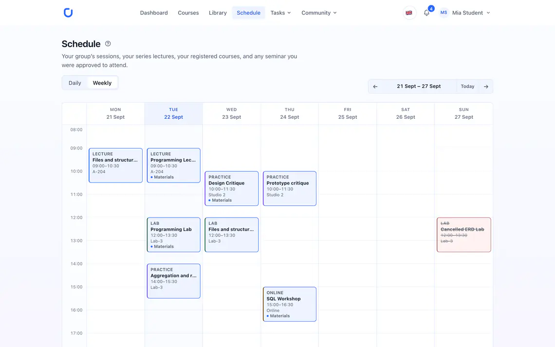 The weekly timetable in the student portal, with lectures, labs and practicals in their time slots
