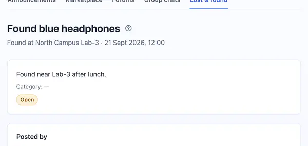 A found item in the campus lost & found, with where and when it turned up, its description and who posted it