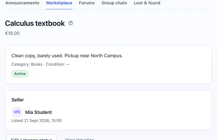 A marketplace listing in the student portal, with its price, description, category, status and the student selling it