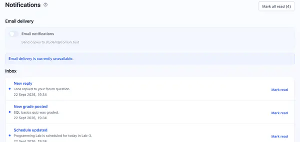 Notification settings with optional email copies