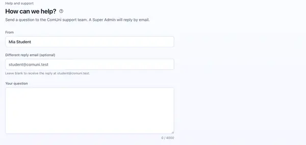 The support form for questions answered by email