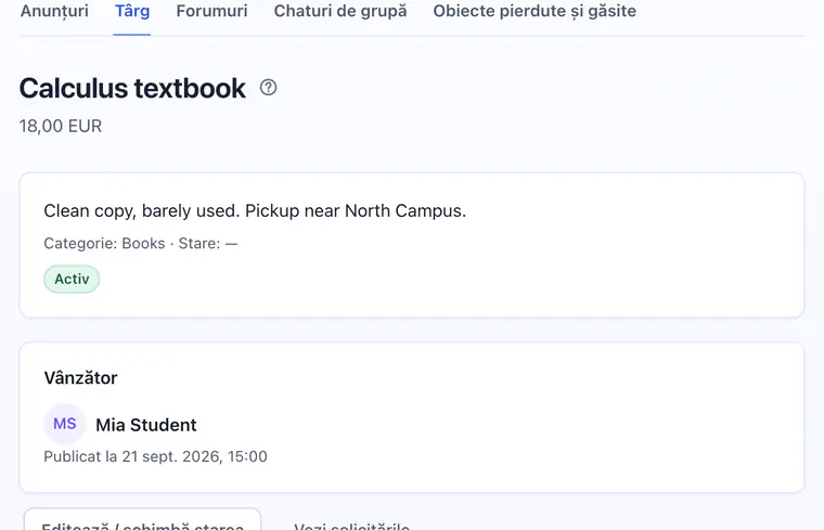 Un anunț din marketplace-ul studențesc, cu preț, descriere, categorie, stare și studentul care îl vinde