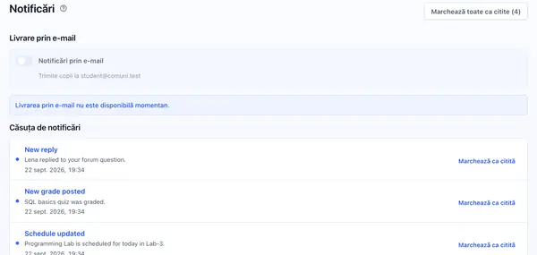 Setările notificărilor, cu copii opționale pe email