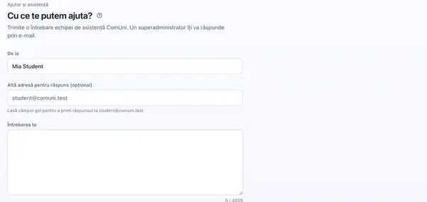 Formularul de suport pentru întrebări cu răspuns pe email